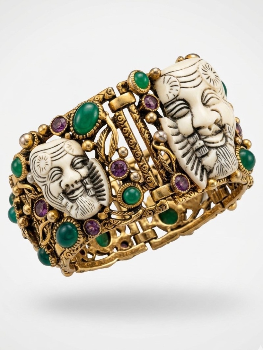 Signed Selro Noh Okina Mask Bracelet Mid-Century Costume Jewelry Circa 1950s